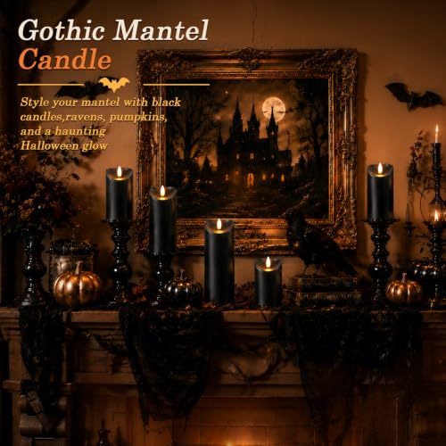 Image of Homemory Halloween Black Waterproof LED Candles with Remote Timer, Set of 6 | Flameless candles, D3 inchxH4 inch /4 inch /5 inch /6 inch /8 inch /8 inch, black plastic shell, indoor outdoor Halloween decor, porch, patio and lantern