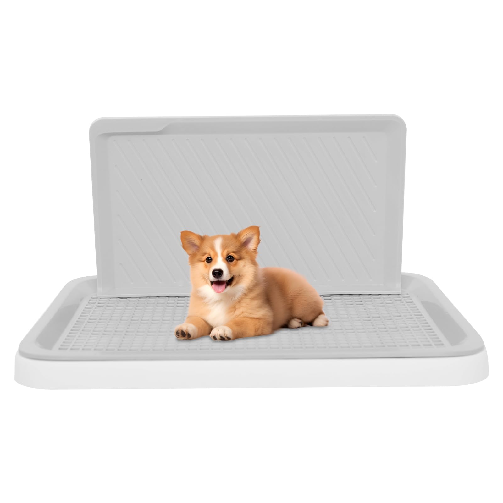 Dog Toilet Tray, Pet Dog Puppy Potty Tray, Indoor/Outdoor Dogs Toilet with Splash Guard, Training Pee Pad Holder for Small Dogs, Emergency Pet Potty for Home, White+Grey