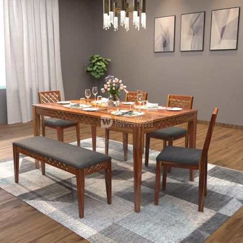 Image of DRIFTINGWOOD Maharaja Sheesham Wood Dining Table 6 Seater | Wooden Six Seater Dinning Table with Grey Cushion Chairs & Bench | Dinner Table 6 Seater | Dining Room Sets | Self Assembly, Natural Finish