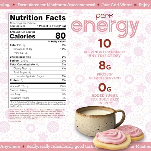 Image of Perk Energy Drink Mix (Sugar Cookie) 10 Stick Packs - Caffeinated Healthy Coffee Alternative with Protein, 100mg of Caffeine, Gluten-Free, Soy-Free, Peanut-Free