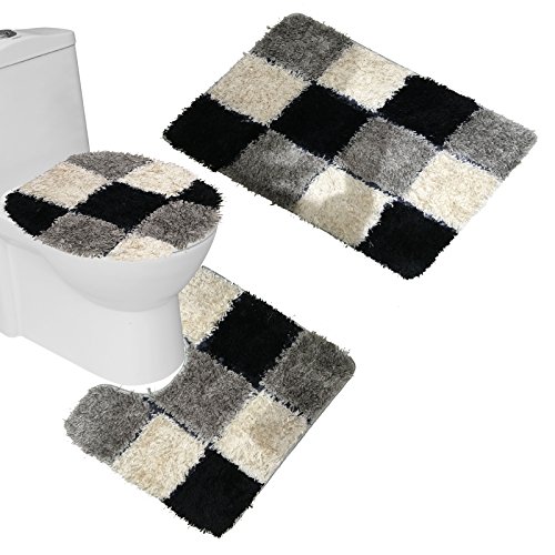 Amagical 3 Piece Bathroom Carpet Pedestal Lid Mat Toilet Cover Set Microfiber (Gray) #TOP12