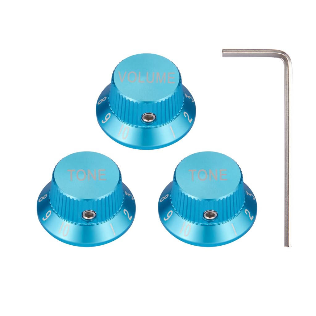 KAISH Premium Metal 1/4" Universal Guitar Potentiometer Knobs Aluminium Volume Tone Top Hat Bell Knobs with Set Screw for Strat/Ibanez/Yamaha/Les Paul 1*Volume 2*Tone Blue