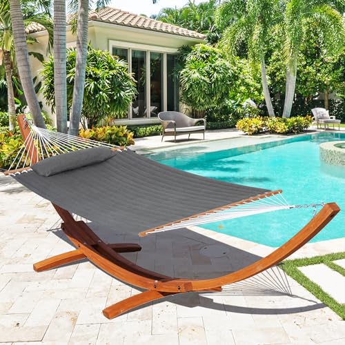 Image of Lazy Daze Hammocks 12 FT Sunbrella Fabric Quilted Hammock Double Sunbrella Quilted Hammock with Spreader Bars & Pillow, All Weather and Fade Resistant for Outdoor, 450 lbs Capacity, Cast Slate