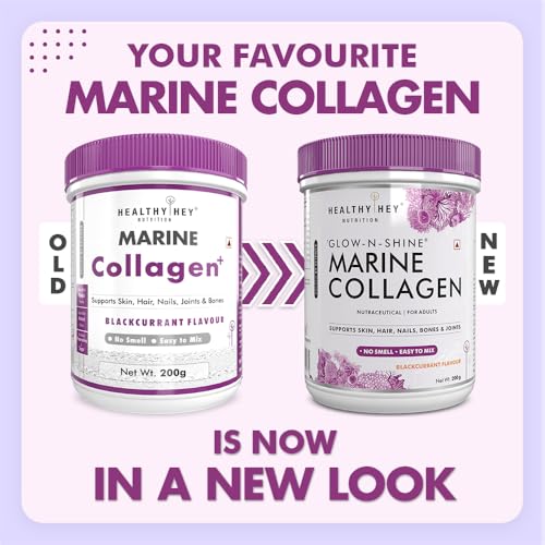 Image of HealthyHey Glow-n-Shine Marine Collagen Powder - Hydrolyzed | Type 1 Collagen Protein Supplement with Hyaluronic Acid | Amino Acids for Skin, Hair, Nails (blackcurrant, 200g)