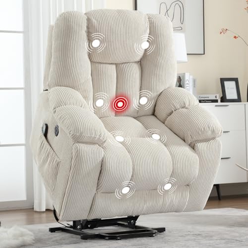 Image of CANMOV Power Lift Recliner Chair with Massage and Heat for Elderly, Overstuffed Wide Recliners, Heavy Duty and Safety Motion Reclining Mechanism with USB Ports, 2 Concealed Cup Holders, Beige