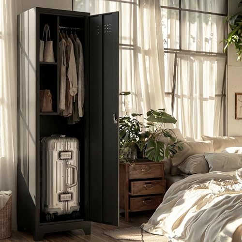 Image of Slim Cabinet for Small Spaces, Metal Bathroom Storage Cabinet with Shelves, Hooks, Narrow Locking Cabinets with 2 Keys, 65 inch H Tall Storage for Home Office, Living Room, Dining Room, Black