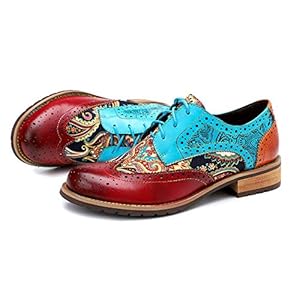 CrazycatZ Women’s Leather Oxford Shoes Perforated Lace up Wingtip Colorful Leather Oxfords Vintage