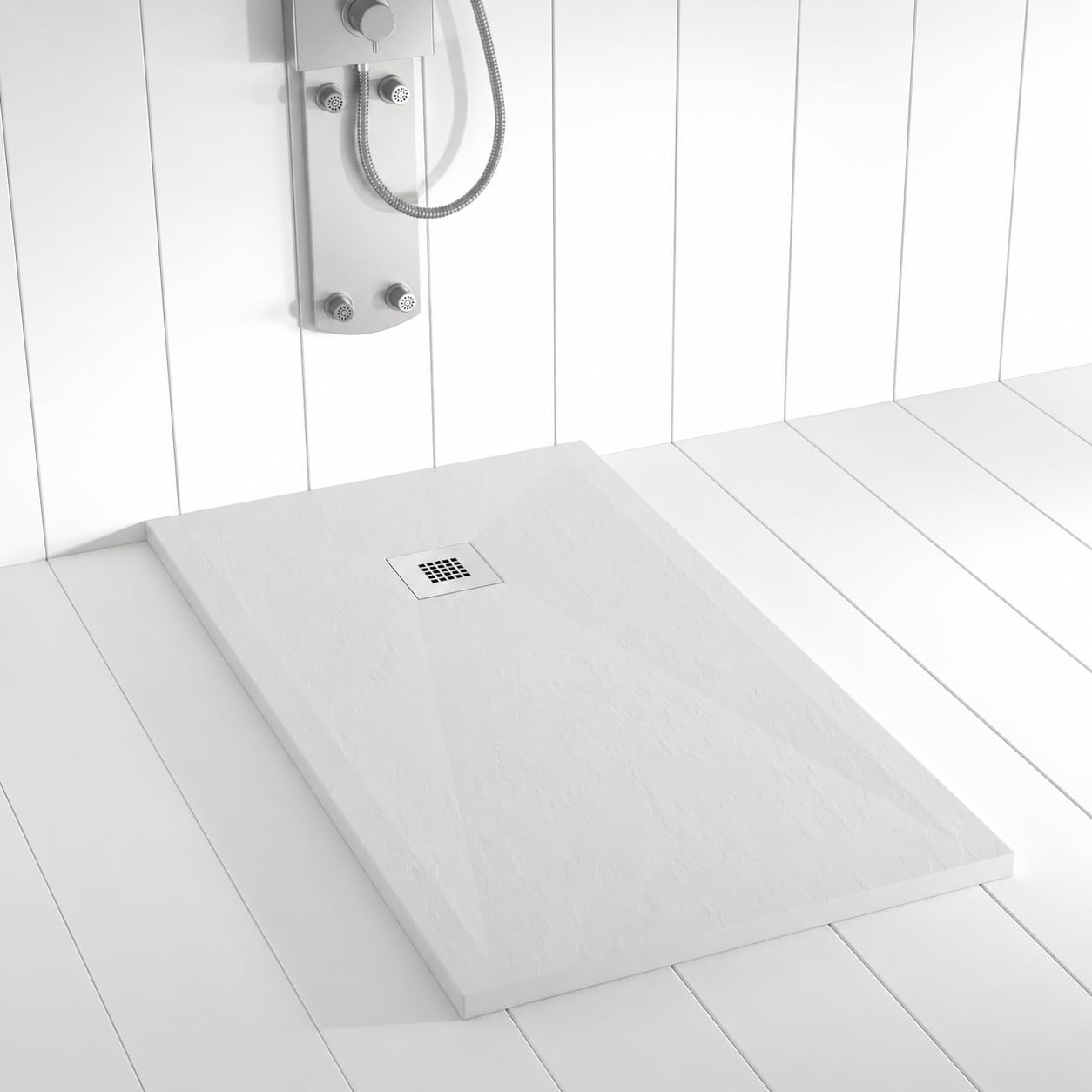Receveur de douche en résine PLES Gris RAL7035 130x90 – Texture ardoise – Antidérapant – Grille et siphon inclus