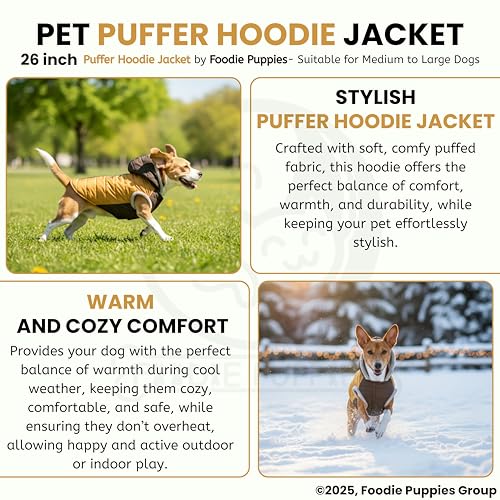 Image of Foodie Puppies Dog Puffer Hoodie Warm Winter Jacket - (Yellow Olive, 26 Inch) for Medium to Large Dogs | Ultra Warm Waterproof & Windproof Fur Coat | Washable Pet Vest Apparel for Cold Weather