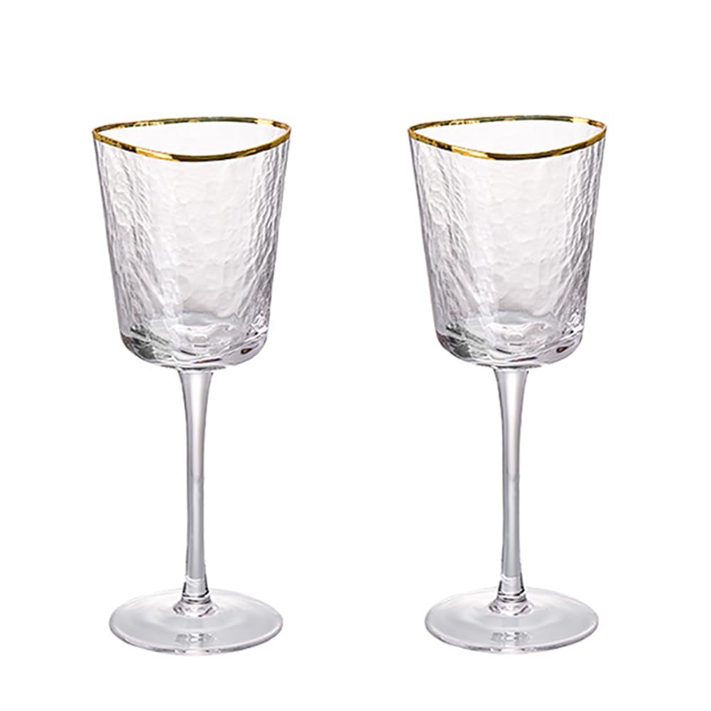 HIUHIU Wine Glasses Set of 2 with Gold Rim, Colored Champagne Flutes Glass Long Stemmed Cystal Drinking Cups Glassware with Hammer Patter for Wedding/Party,Clear,Red Wine Glasses