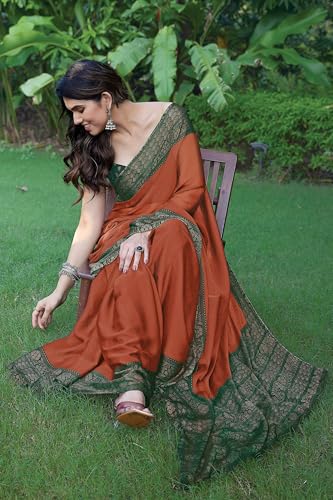 Image of MIRCHI FASHION Saree for Woman Chiffon Georgette Solid with Contrast Border | Lightweight Daily Wear Women's Sari and Printed Blouse Piece
