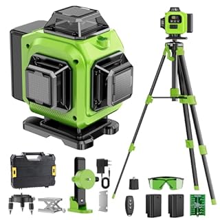 Niveau Laser Chantier Autonivelant 360° x 4, Lazer Niveaux 4D 16 Lignes Laser, Autonivellement et Mode Pulsé Extérieur, 2 x Batterie, Nivellement Automatique, Support Rotatif, Télécommande, Trépied