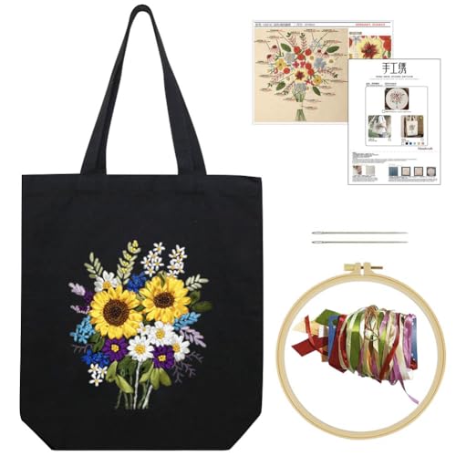 Image of Canvas Tote Bag Silk Ribbon Embroidery Kit for Beginners, Arts and DIY Crafts Kits with Pattern for Adults, Include Stamped Flower Pattern, Hoop, Color Silk Ribbons and Tool (Black Bag, Sunflower)