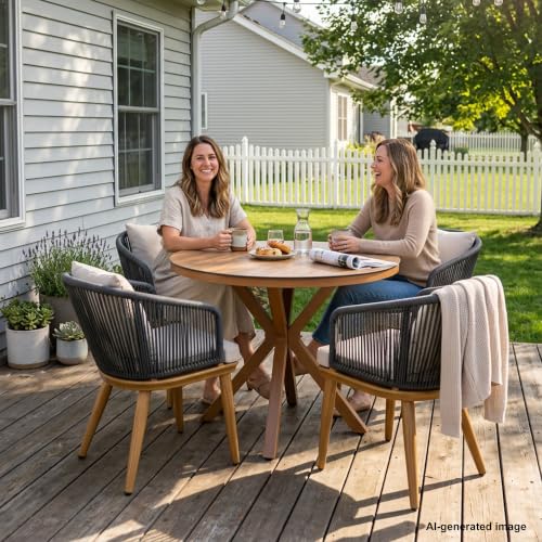 Image of PURPLE LEAF 5 Pieces Patio Dining Set Wicker Outdoor Furniture Round Table and Chairs Set for Garden Deck Teak-Finish Aluminum Frame Backyard Kitchen Set, Cushions and Pillows Included