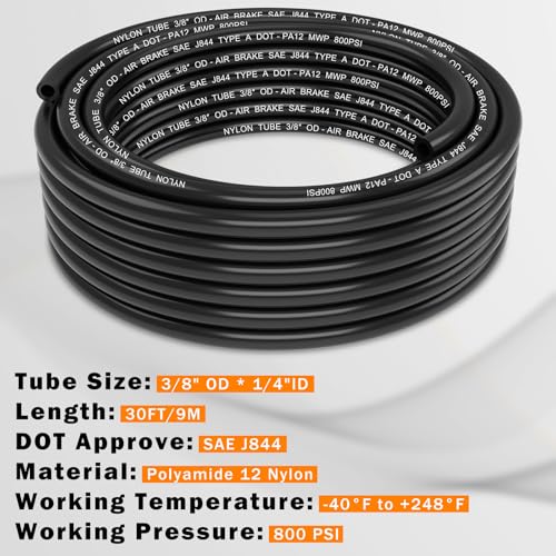 Image of CheeMuii 30 FT 3 /8 DOT Air Line 3 /8 inch PA12 Nylon Pneumatic Tubing 3 /8 Inch SAE J844 DOT Air Hose 9.1 Meter Pneumatic Air Tubing Pipe Hose Line for Air Brake System Or Fluid Transfer