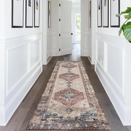 vivorug Runner Rug 2x10 Machine Washable Rug with Non-Slip Backing, Ideal for Kitchen Hallway Entryway Laundry Room - Vintage, Durable, Easy Clean, Low Pile Carpet Runner, Brown