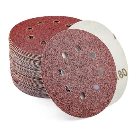 LUCKUT 60PCS Red 5 Inch 8 Hole Hook and Loop Adhesive Sanding Discs Sandpaper for Random Orbital Sander 40 60 80 120 180 240 Grits Cover