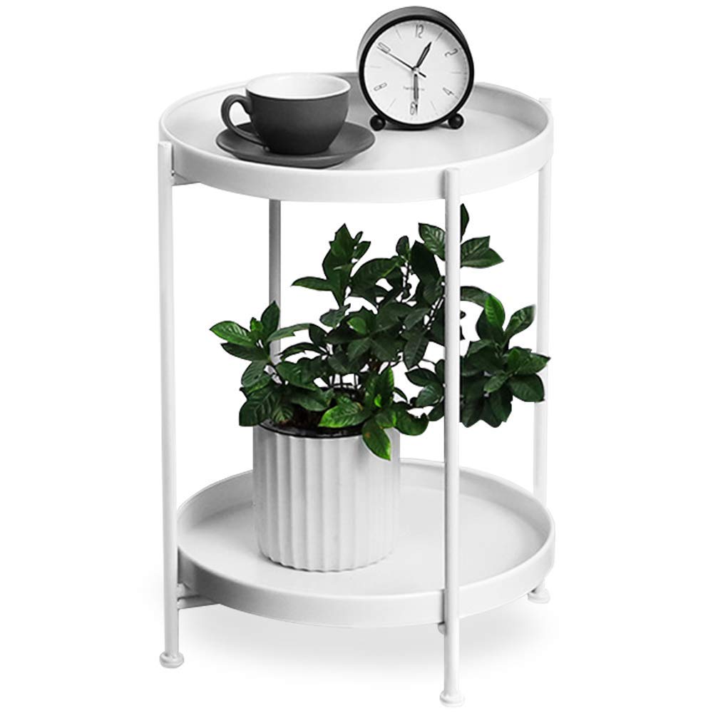 Sinolodo White Side Table/Bar Cart, Corner Accent Table, 2 Tier Round End Table for Living Room, Patio, Bedroom, Bathroom(White