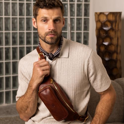 Image of Time Resistance Leather Waist Pack - Belly Bag, Belt Bag, Fanny Pack - Handmade in Italy (Cognac Brown)