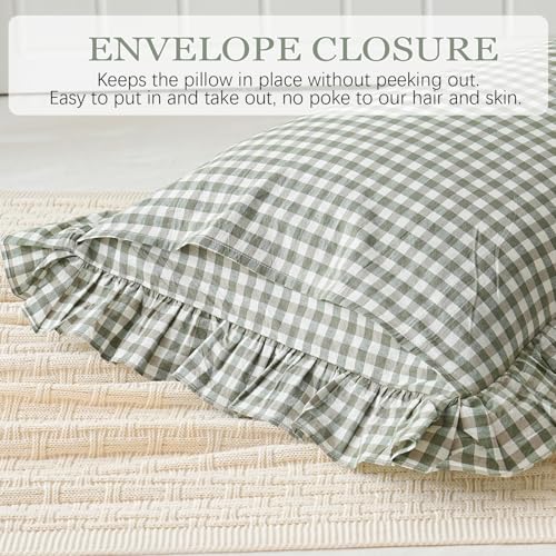 Green/White Plaid Ruffled Body Pillow Sham Washed Cotton Shabby Checkered Gingham Pillow Cover 20"x54"