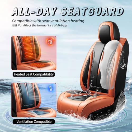 Image of Fit Outback Car Seat Covers Compatible with Subaru Outback 2010-2025 2026 - Premium Breathable Leather,Airbag Compatible,Waterproof All-Weather Seat Cushion Protector, Full Set Orange&Black
