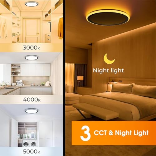 Image of 12 inch Dimmable LED Ceiling Light with Remote Control, 24 W 3-Color Ceiling Light with Dim Night Light 1800k Warm, Round Flush LED Ceiling Lights (Black)