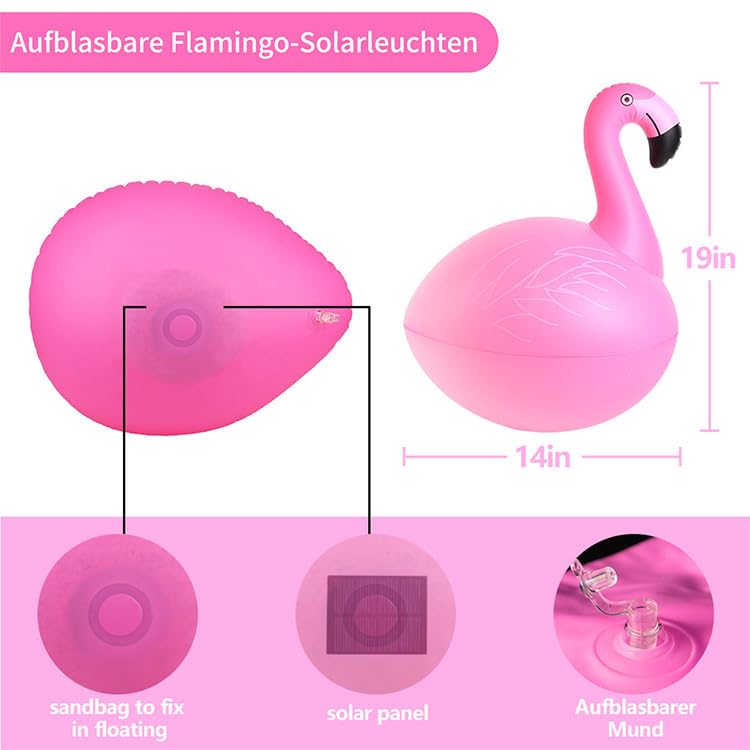 Linterna Solar Hinchable Flamenco para Piscina, Estanque y Jardín, Lámpara LED Flotante IP68, Iluminación Decorativa Automática con Energía Solar (4, Pink)