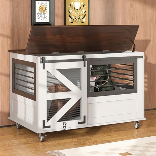 Extra Large Furniture Dog Crate with Flip Top Farmhouse Dog Kennel Furniture with Wheels Wood Dog Crate Heavy Duty Dog Cage for Large Dogs Breed Double Dog Crate XL 472L276W311H