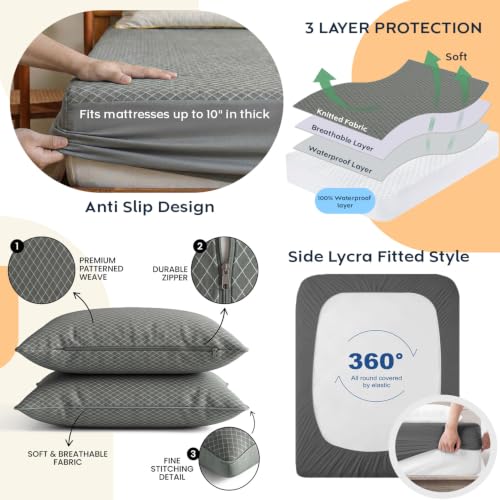 Image of AYKA Combo Pack Waterproof Mattress Protector & 2 Pillow Protectors | King Size 78x72 Inch | 100% Waterproof Kintted Bed Protector | Breathable, Noiseless Mattress & Pillow Covers | 6.5 x 6 ft | Grey