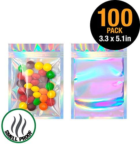 Resealable Smell Proof Bags x 100 (Clear HOLOGRAPHIC RAINBOW, 3.3 x 5.1 in / 8.5 x 13cm) Mylar Ziplock bag for Lip gloss, Eye Lash, Jewelry,Candy, Snacks, Food Storage Packaging by HallGEMs