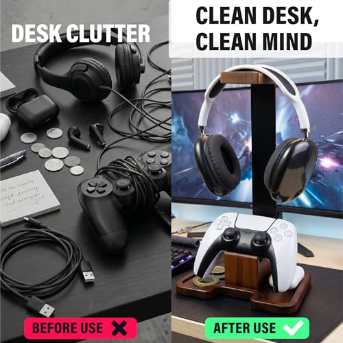 Gaming Equipment Headset Stand with Game Controller Holder & Storage Base, Stylish Gamer Gifts for Men Teenage Boy Headphone Stand, Unique Gifts for Gamers to Organize Gaming Accessories (Brown Wood) - Image 4