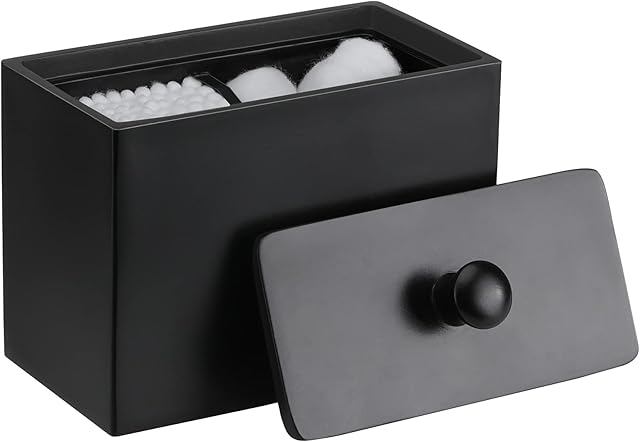 Luxspire Cotton Swab Holder, Resin Cotton Ball Canister with Lid, 2 Compartments Dispenser Storage Box Cosmetics Countertop Organizer Containers for Cotton Pads, Rounds - Matte Black
