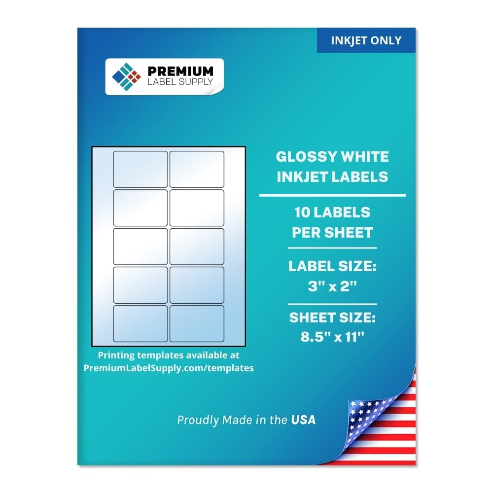 Premium Label Supply Glossy White Sticker Labels – 3" x 2" – (10 per Sheet) (Glossy White for Inkjet Only, 250 Labels)