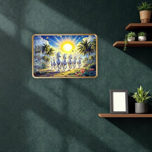Image of Dharvika Innovations 7 Running Horses Photo Frame, Ultra High Gloss Lamination, Vastu Painting for Living Room, Office, 12x18 Inch (Design 25)