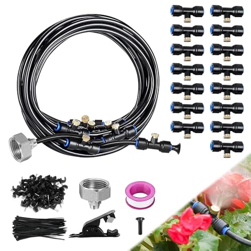 mizikuu Sistema Raffreddamento Nebbia, 12m Nebulizzatore Esterno Sistema Nebulizzazione All'aperto Giardino Linea Misters Patio Kit con 20 T Nebulizzatori e 20 Ugelli Nebulizzati in Ottone per Cortile