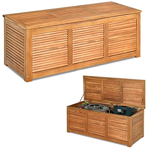 GOPLUS Coffre de Rangement en Bois d’Acacia pour Jardin, Conteneur de Rangement avec Poignée en Boucle Pratique, Boîte de Rangement Respirantes, pour Salons,Chambres,Jardins,120X45X45CM