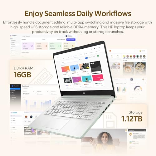Image of HP Flagship 14 inch HD AI Copilot Laptop for Student&Business, 13th Gen Intel 4-Core, 16GB RAM, 1.12TB Storage (128GB UFS + 1TB Docking Station), 1 Year Office 365, Wi-Fi 6, Win 11 S, Willow Green