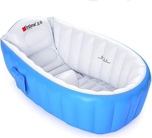 ベビーバス 赤ちゃんお風呂 キッズプール エアーベビーバス ふかふか ビニールプール 折りたたみ 新生児~3歳頃まで 親子 持ち運び コンパクト シンク 空気入れポンプ付き (ブルー)