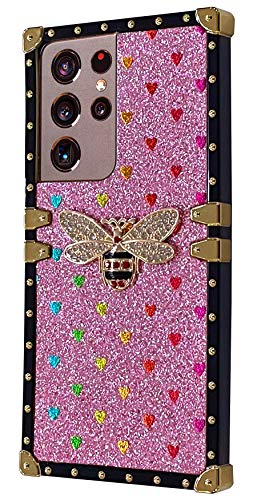 S21 Ultra 5G Case Trunk Luxury Cute Bee Square Compatible With Samsung Galaxy S21 Ultra 5G Cases Bling Glitter Box Phone Cover S21Ultra Samsungs21Ultra Bumper Fundas 6.8 Inch (Pink) #TOP7