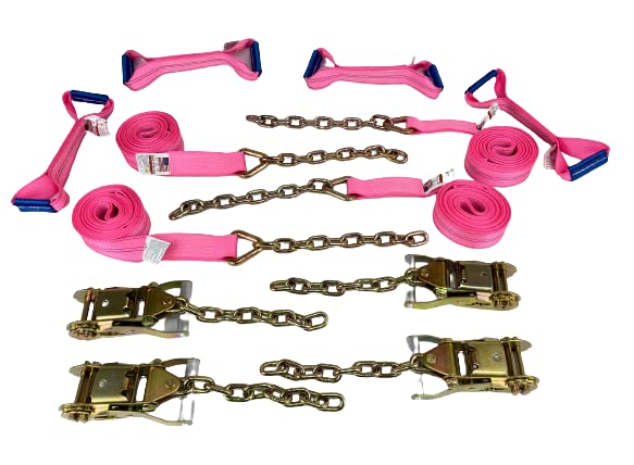 Everything Tie Down 8 Point Heavy Duty Pink DiamondWeave™ 18 Foot Strap Kit for Rollback/Flatbed Tie Downs with 12 inch Chain Tail