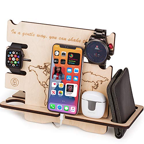 Product Image of the WoodenCrew Wood Phone Docking Station, Desk Organizer for Smartphone, for Men, Gifts for Men Over 50, Docking Valet Station Cell Phone Holder nightstand