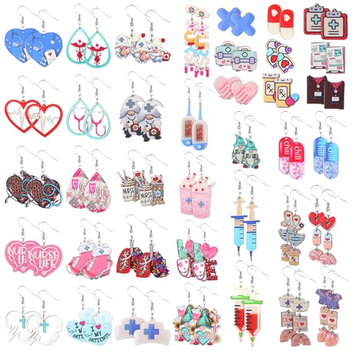 Nosiny 36 Pairs Nurses' Day Earring for Nurse Cute Wooden Stud Bulk CNA Week Appreciation Gift for 2025 Graduation Doctor