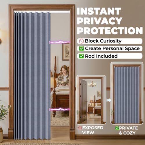 Image of AJAZZ Blackout Accordion Door with Curtain Rods 39-52 in Length Closet Door Curtain Invisible Applicable Bedroom Room Living Room Doorway (1 Panel, 52 W x 78 L, Dark Blue)