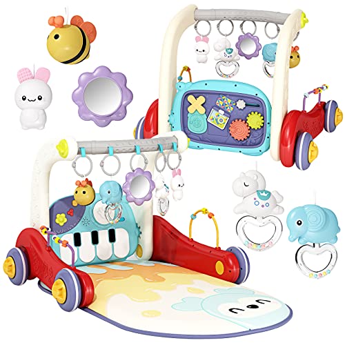 Image of Jovow 2 in 1 Baby Gym with Walker,Baby Play Mat with 5 Infant Learning Sensory,Double-Sided Multifunctional Removable Play Piano Panel ,Sit-to-Stand Learning Walker for 0-24 Months Boy Girl