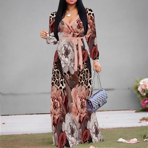 Image of PinkPatty Women's Print Maxi Dresses 3 /4 Sleeve Flowy Long Dress V Neck Wrap Tie Waist Sundress