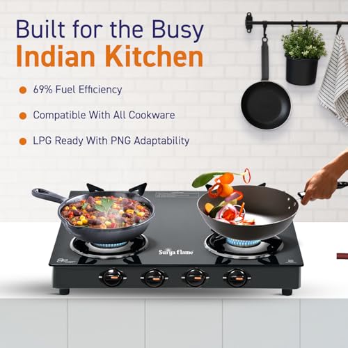 Image of Surya Flame Splendor 4 Burner Gas Stove | Toughened Glass Top | Brass Burners | Durable Brass Valve | Fuel Efficient 69%+ | Black