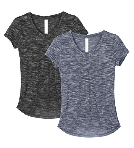 icyzone Workout Shirts for Women - Yoga Tops Activewear Gym Shirts Running Fitness V-Neck T-Shirts (Black/Navy, L)