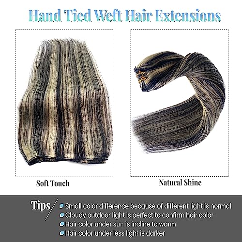 Image of Weft Hair Extensions Human Hair, 16 Inch 100G Sew in Hair Extensions Real Human Hair Wefts Natural Black and Blonde Highlights Hair Extension Real Human Hair Weave Bundles for Women