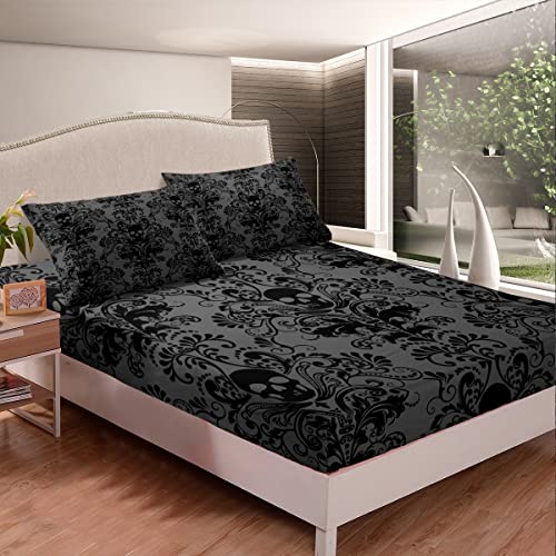 Erosebridal Adults Black Damask Bed Sheets Antique Victorian Baroque Fitted Sheet Queen Size Gothic Vintage Floral Sheets Exotic Sugar Skull Bedding Set Queen,Gothic Bone Skeleton Bohemian Decor,Grey thumb #1