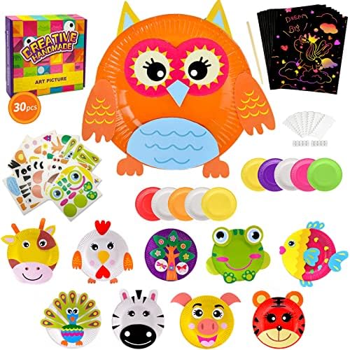 30pcs Kids Crafts for Girls Boys Age 3-12, Toddler Crafts Animal Paper Plate Art Kit for 3-8 Year Old, DIY Arts and Crafts Kits for Children Birthday Christmas Holiday Gifts, Fun Preschool Party Favor
